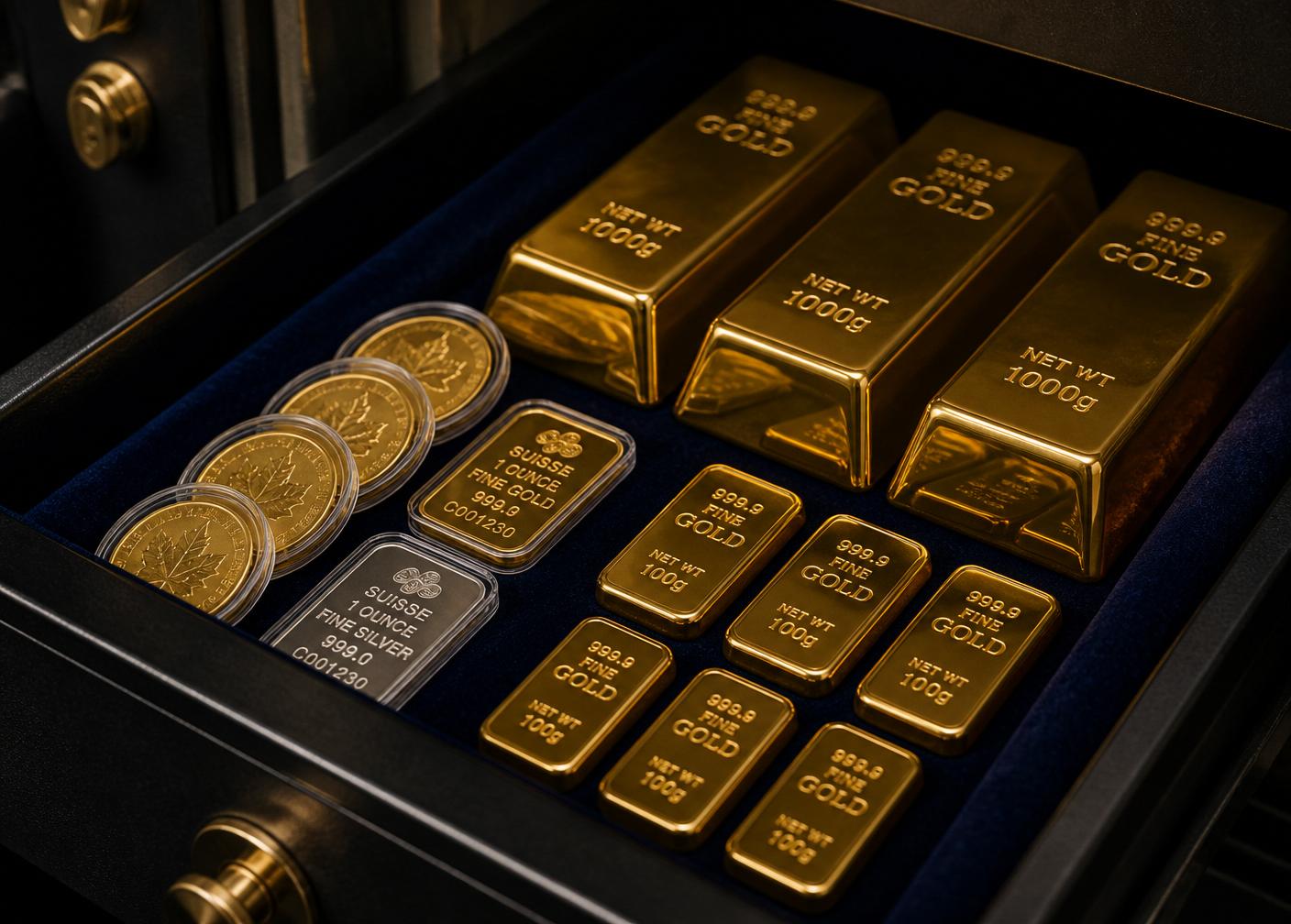 Gold bullion bars in a navy velvet vault drawer