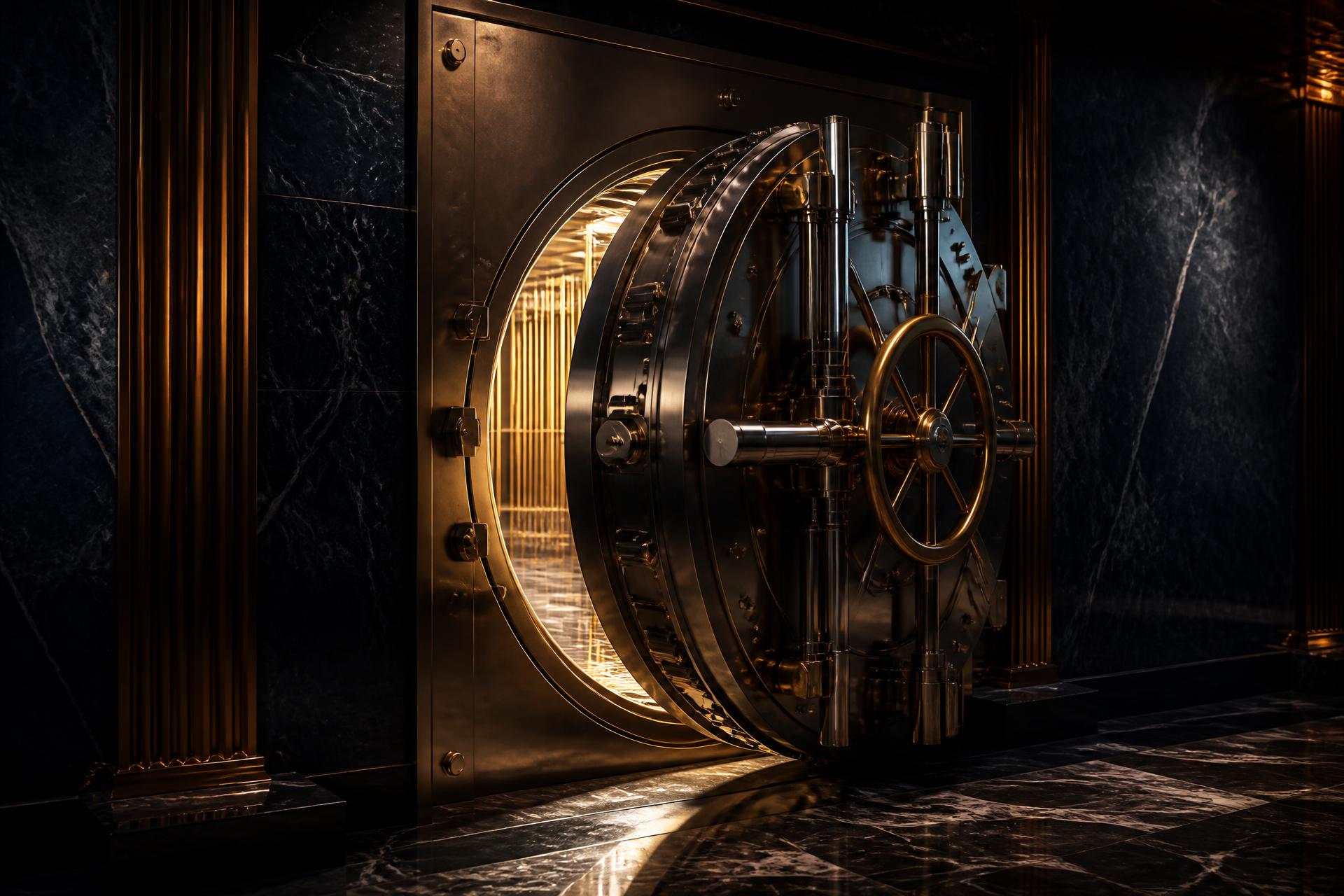 Polished bank vault door with golden interior light